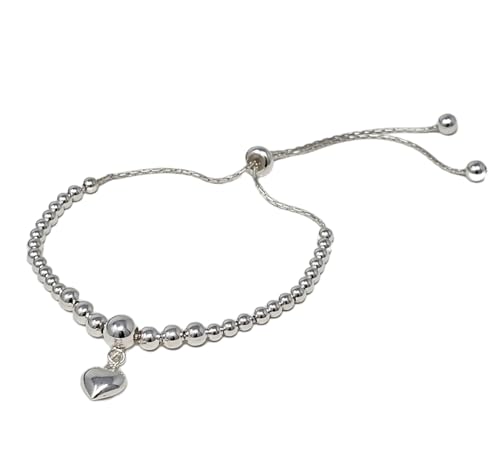 Women's 925 Sterling Silver Beaded Bracelet - Ajustable Heart Charm Bracelet for women and Girls treasurebayb2b