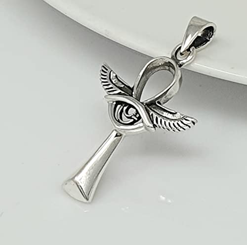 Egyptian Ankh Cross Pendant with Protective Wings of Isis and Eye | 925 Sterling Silver Pendant Necklace For Men and Women treasurebayb2b