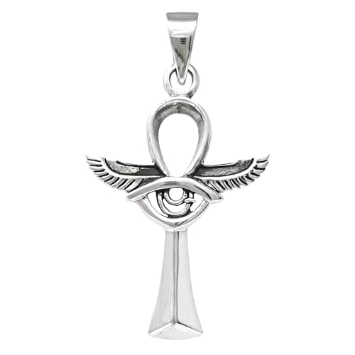 Egyptian Ankh Cross Pendant with Protective Wings of Isis and Eye | 925 Sterling Silver Pendant Necklace For Men and Women treasurebayb2b