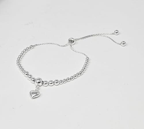 Women's 925 Sterling Silver Beaded Bracelet - Ajustable Heart Charm Bracelet for women and Girls treasurebayb2b