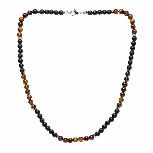 Handmade Mens Tigers Eye Onyx Beaded Necklace Chain Natural Gemstones Healing Crystal Jewellery treasurebayb2b