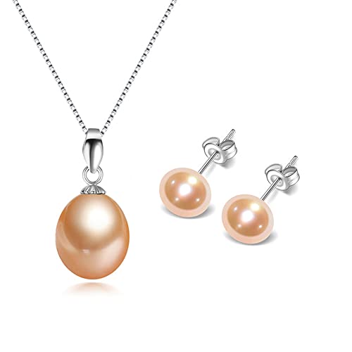 Women's Pearl Jewellery Set Classic AA Grade 8-9mm Freshwater Pearl Necklace and Earrings Jewellery Set For Women Ladies and Girls Colour: White Grey Pink Black Pink treasurebayb2b