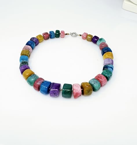 Womens Handmade Beaded Gemstone Necklace - Chunky Statement Multicolour Natural Agate Gemstone Necklace for Women Ladies treasurebayb2b