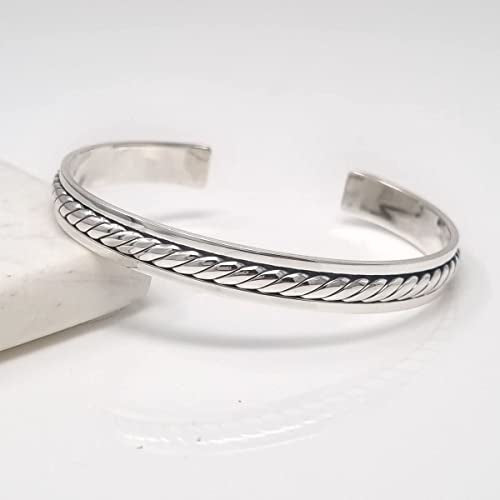 Mens Solid 925 Sterling Silver Bangle Bracelet | Classic Braided Silver Bangle Cuff Bar Wristband for men treasurebayb2b