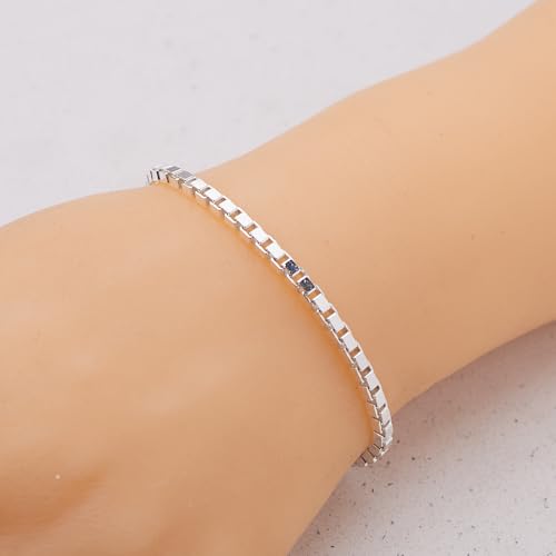 Men's Women's Silver Bracelet 3.5mm Solid 925 Silver Box Chain Bracelet for Men Ladies and Girls - Length: 17.5/19.5/21.5Cm treasurebayb2b