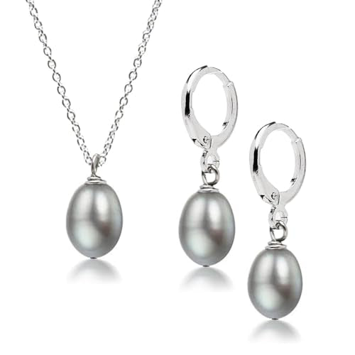 Women's Pearl Jewellery Set - 925 Silver AA Grade 8-9mm Pearl Necklace Dangle Drop Earrings for Women Ladies Girls Bridal Jewellery treasurebayb2b