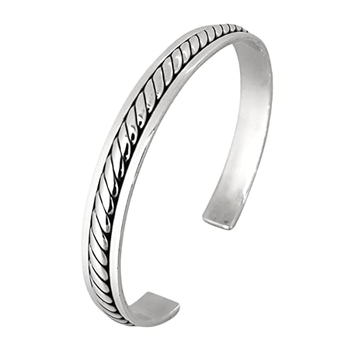 Mens Solid 925 Sterling Silver Bangle Bracelet | Classic Braided Silver Bangle Cuff Bar Wristband for men treasurebayb2b