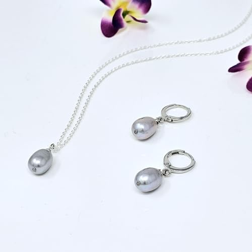Women's Pearl Jewellery Set - 925 Silver AA Grade 8-9mm Pearl Necklace Dangle Drop Earrings for Women Ladies Girls Bridal Jewellery treasurebayb2b