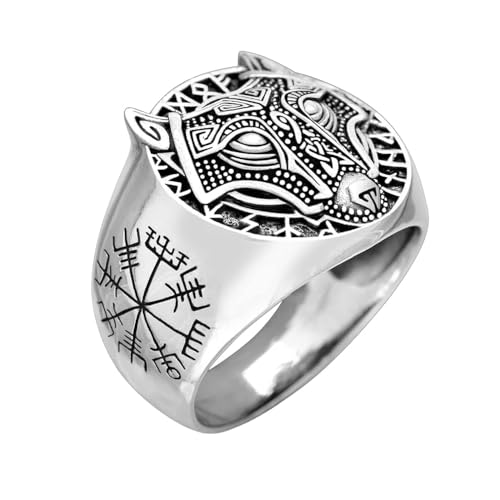 Chunky Wolf Ring for Men, Nordic Viking Wolf Head Ring Odin Wolf Skull Ring Men’s Punk Wolf Ring - Men 925 Sterling Silver Fenrir Ring Norse Viking Rings treasurebayb2b