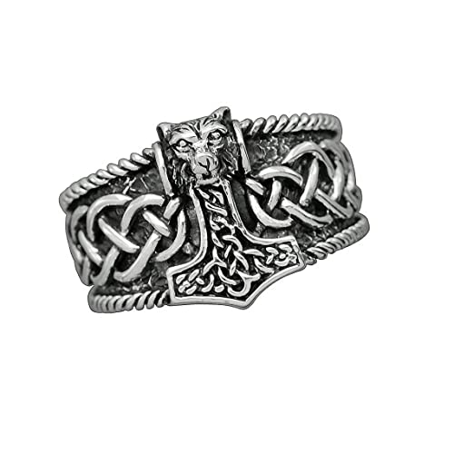 925 Silver Wolf Thors Hammer Mjolnir Viking Ring for Men Silver Norse Scandinavian Viking Punk Ring for Men treasurebayb2b
