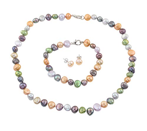 Women's Pearl Jewellery - MultiColour 8-9mm Baroque FreshWater Pearl Necklace Bracelet and Earrings for Women, Ladies Girls - Gift for Her, Mum, Wife, Christmas Birthday Gift treasurebayb2b