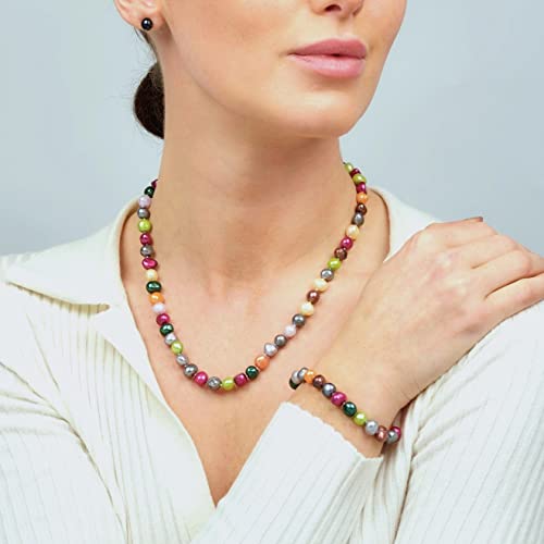 Women's Pearl Jewellery - MultiColour 8-9mm Baroque FreshWater Pearl Necklace Bracelet and Earrings for Women, Ladies Girls - Gift for Her, Mum, Wife, Christmas Birthday Gift treasurebayb2b