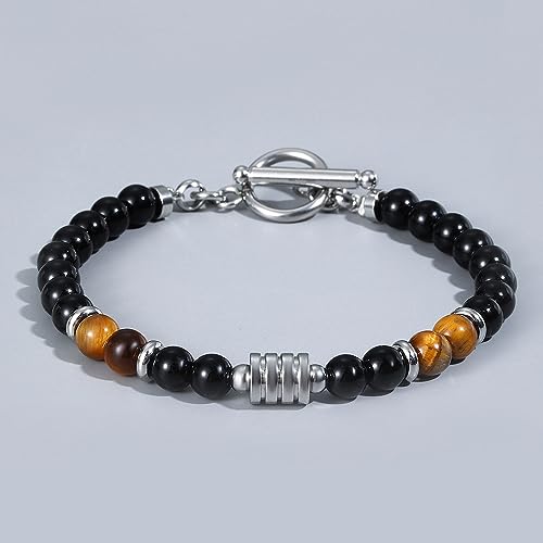 Mens Handmade Natural Gemstone Bracelet | Tiger's Eye, Black Onyx Gemstone Beaded Bracelet for Men Women treasurebayb2b