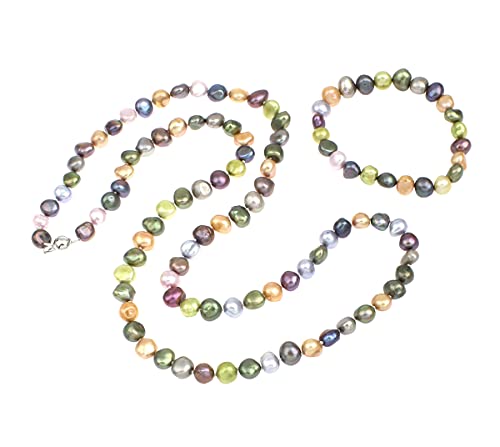 Women's Pearl Jewellery - MultiColour 8-9mm Baroque FreshWater Pearl Necklace Bracelet and Earrings for Women, Ladies Girls - Gift for Her, Mum, Wife, Christmas Birthday Gift treasurebayb2b