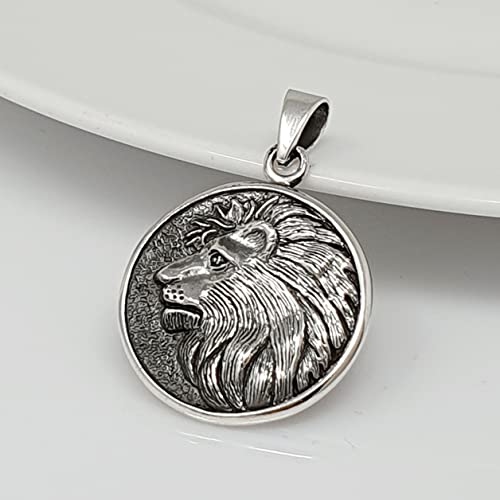 Solid Silver Lion Men's Pendant Necklace, Relief Lion Head Man Medallion, African Wild Lion Silver Men Necklace Pendant for Men and Women treasurebayb2b