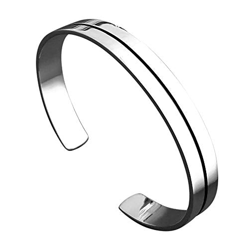 Men's Solid 925 Sterling Silver Bangle Flat Torque Style Black Line Silver Bangle treasurebayb2b