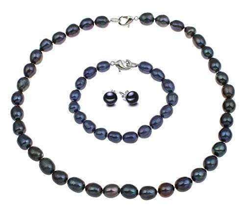 Women's Pearl Jewellery Set - Elegant 8-9mm Rice Shape Freshwater Pearl Necklace Bracelet and Earrings Pearl set in White Black Grey Pink and Multicolour treasurebayb2b