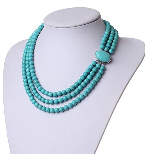 Stunning Three Strands 8mm Round Blue Turquoise Gemstone Beaded Necklace for Women treasurebayb2b
