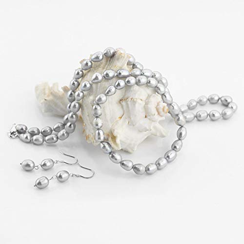 FAB Elegant 7-8mm Rice Shape Freshwater Pearl Necklace Bracelet and Earring Jewellery Set for women and Girls treasurebayb2b