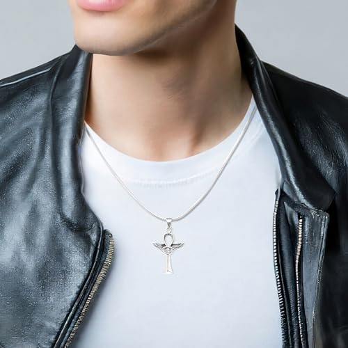 Egyptian Ankh Cross Pendant with Protective Wings of Isis and Eye | 925 Sterling Silver Pendant Necklace For Men and Women treasurebayb2b