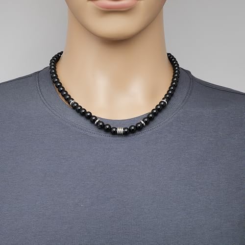 Handmade Mens Beaded Necklace Chain | 8mm Tigers Eye Blue Turquoise Black Agate Beads Necklace Chain for Men Natural Gemstones Healing Crystal Jewellery treasurebayb2b