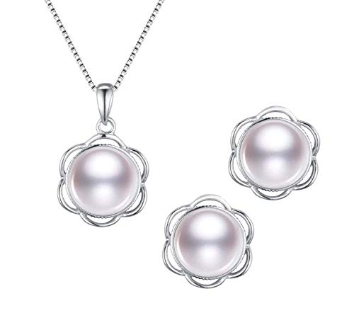 Women's AA Grade 8-9mm Pearl Necklace and Earrings Set For Women Ladies and Girls White - Design 2 treasurebayb2b