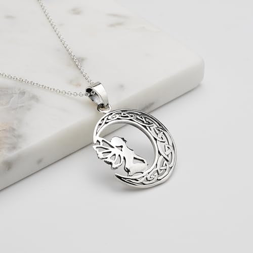 Womens Girls Fairy Angel Necklace 925 Sterling Silver | Fairy Pendant Necklace Fairy Moon Necklace treasurebayb2b