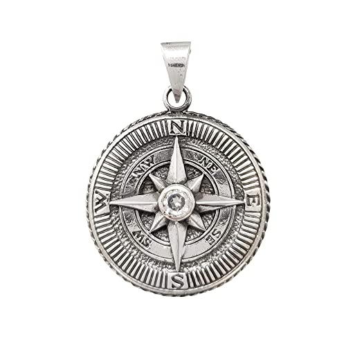 Stunning Sterling Silver with Clear Stone Compass Pendant Necklace treasurebayb2b