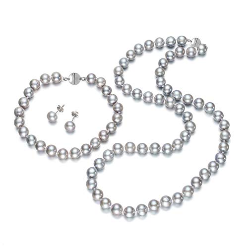 Classic Women's 7-8mm Freshwater Pearl Necklace Bracelet and Earring Jewellery Set With Magnetic Clasp treasurebayb2b
