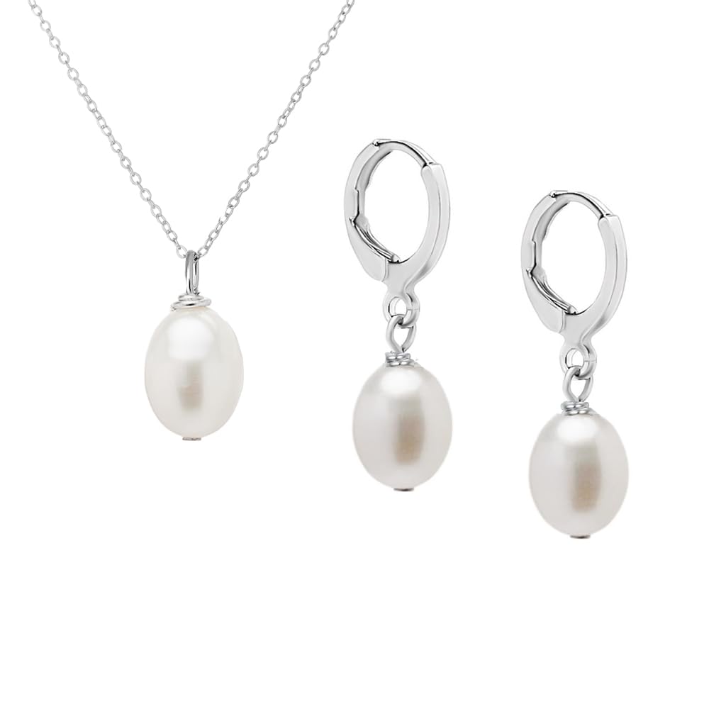Freshwater Pearl Jewellery Necklace Earrings Set 925 Sterling Silver Gift for Women treasurebayb2b