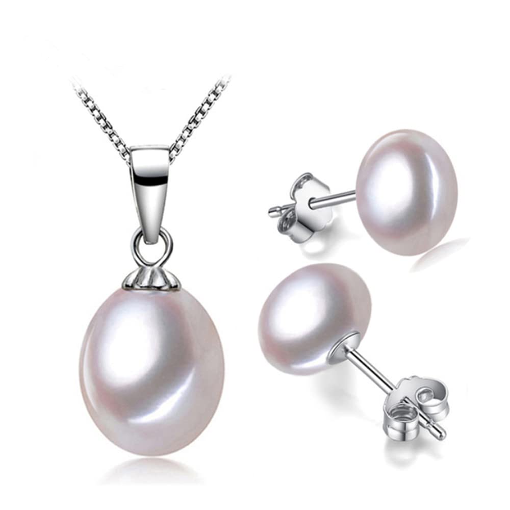 Women's Pearl Jewellery Set Classic AA Grade 8-9mm Freshwater Pearl Necklace and Earrings Jewellery Set For Women Ladies and Girls Colour: White Grey Pink Black White treasurebayb2b