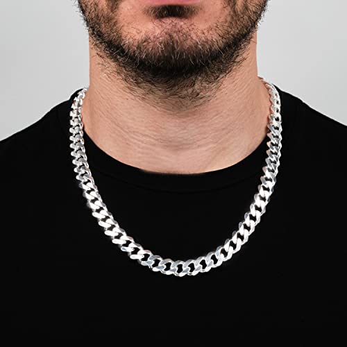 Men's Silver Chain - 11.5mm Italian Curb Chain Heavy 925 Silver Cuban Chain for Men, Biker Silver Chain treasurebayb2b