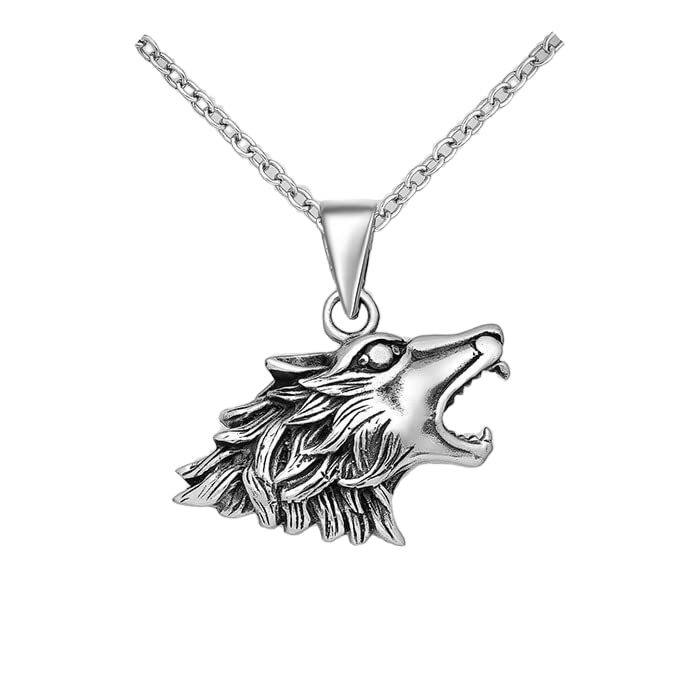 Men's Silver Wolf Pendant on 48cm chain - Viking Fenrir Wolf Head Pendant 925 Sterling Silver treasurebayb2b