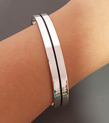 Men's Solid 925 Sterling Silver Bangle Flat Torque Style Black Line Silver Bangle treasurebayb2b