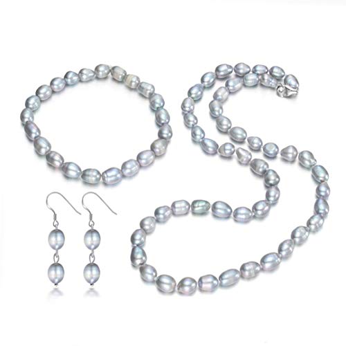 FAB Elegant 7-8mm Rice Shape Freshwater Pearl Necklace Bracelet and Earring Jewellery Set for women and Girls treasurebayb2b