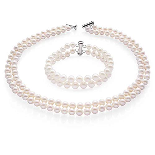 Two Row AA Grade 7-8mm Freshwater Cultured Pearl Necklace Bracelet Women Pearl set White treasurebayb2b