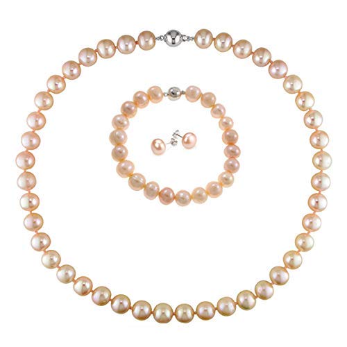 Classic Women's 7-8mm Freshwater Pearl Necklace Bracelet and Earring Jewellery Set With Magnetic Clasp treasurebayb2b