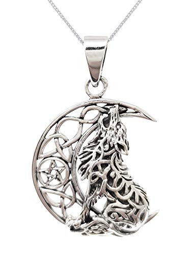 925 Sterling Silver Moon and Wolf Symbol Pendant on chain, Pendant for Women treasurebayb2b