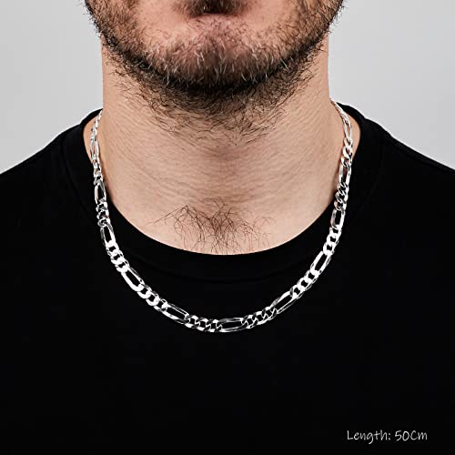 Men's Silver Chain Necklaces | 925 Sterling Silver 8mm Figaro Chain Necklace for Men | Chain Necklace Length 18" 19" 20" 21" 22" 24 IN | Italian Mens Silver Chain Necklace treasurebayb2b
