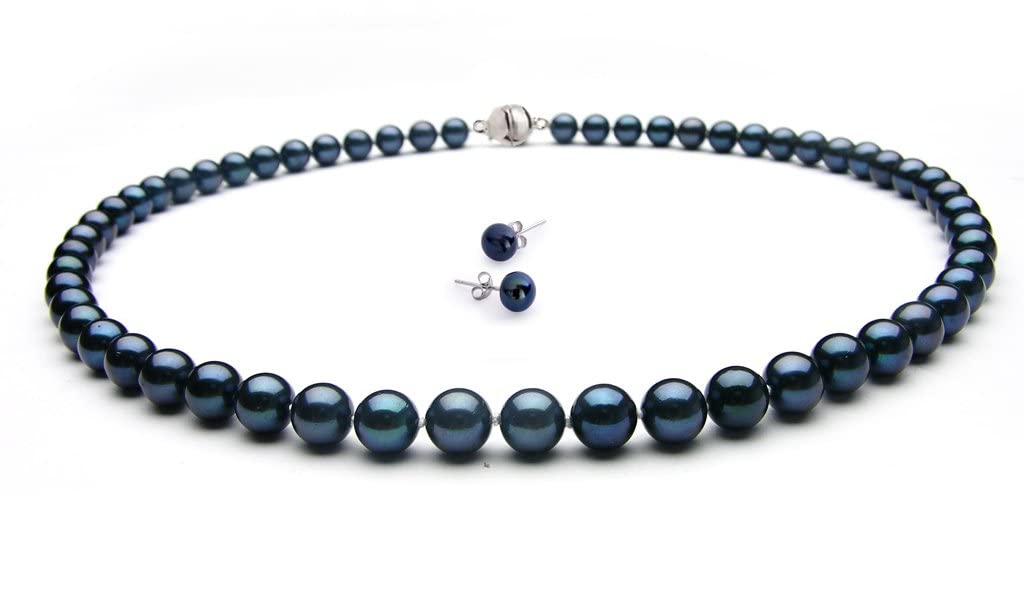 Women's Pearl Necklace Set AA Grade 8-9mm Black Freshwater Pearl Necklace and Stud Earrings Pearl Jewellery set for ladies and Girls treasurebayb2b