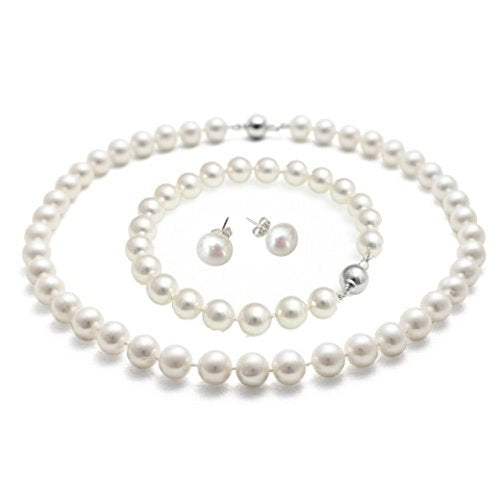 Women's Pearl Necklace Set | 8-9mm White Pearl Necklace, Bracelet and Earrings Jewellery Set Necklace Length 20 IN treasurebayb2b