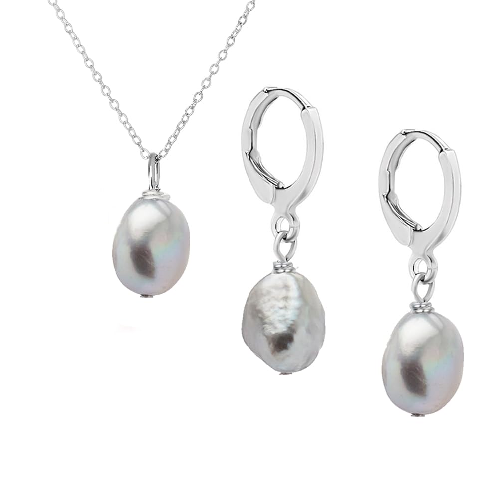 Freshwater Pearl Jewellery Necklace Earrings Set 925 Sterling Silver Gift for Women treasurebayb2b