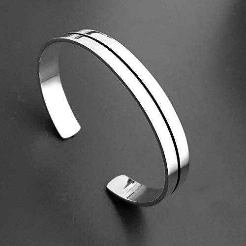 Men's Solid 925 Sterling Silver Bangle Flat Torque Style Black Line Silver Bangle treasurebayb2b