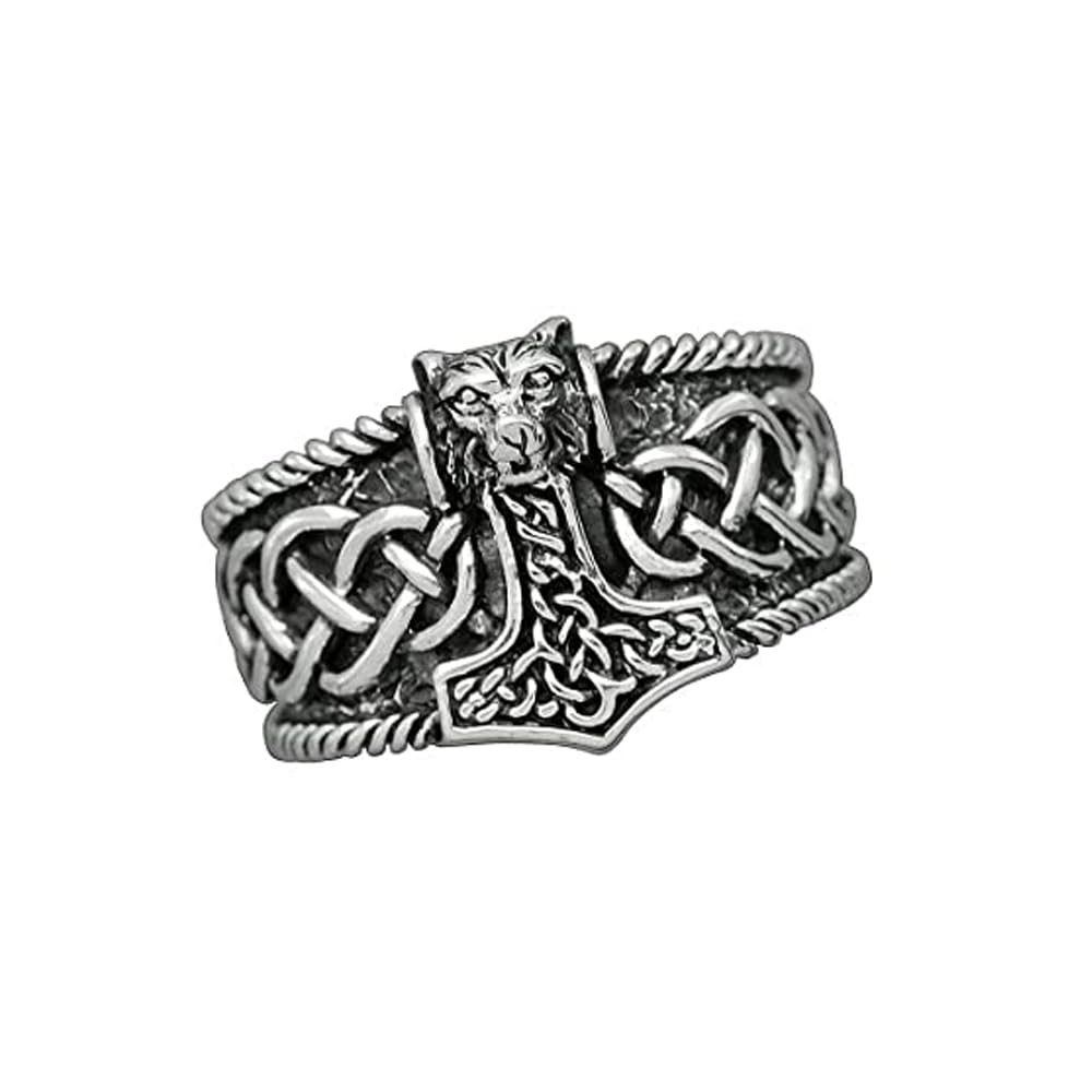 925 Silver Wolf Thors Hammer Mjolnir Viking Ring for Men Silver Norse Scandinavian Viking Punk Ring for Men treasurebayb2b