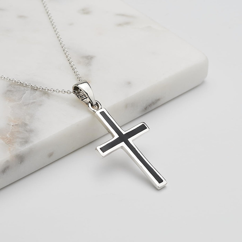 Men's Silver Black Enamel Cross Pendant Necklace | Classic 925 Sterling Silver Pendant Necklace for Men and Women treasurebayb2b