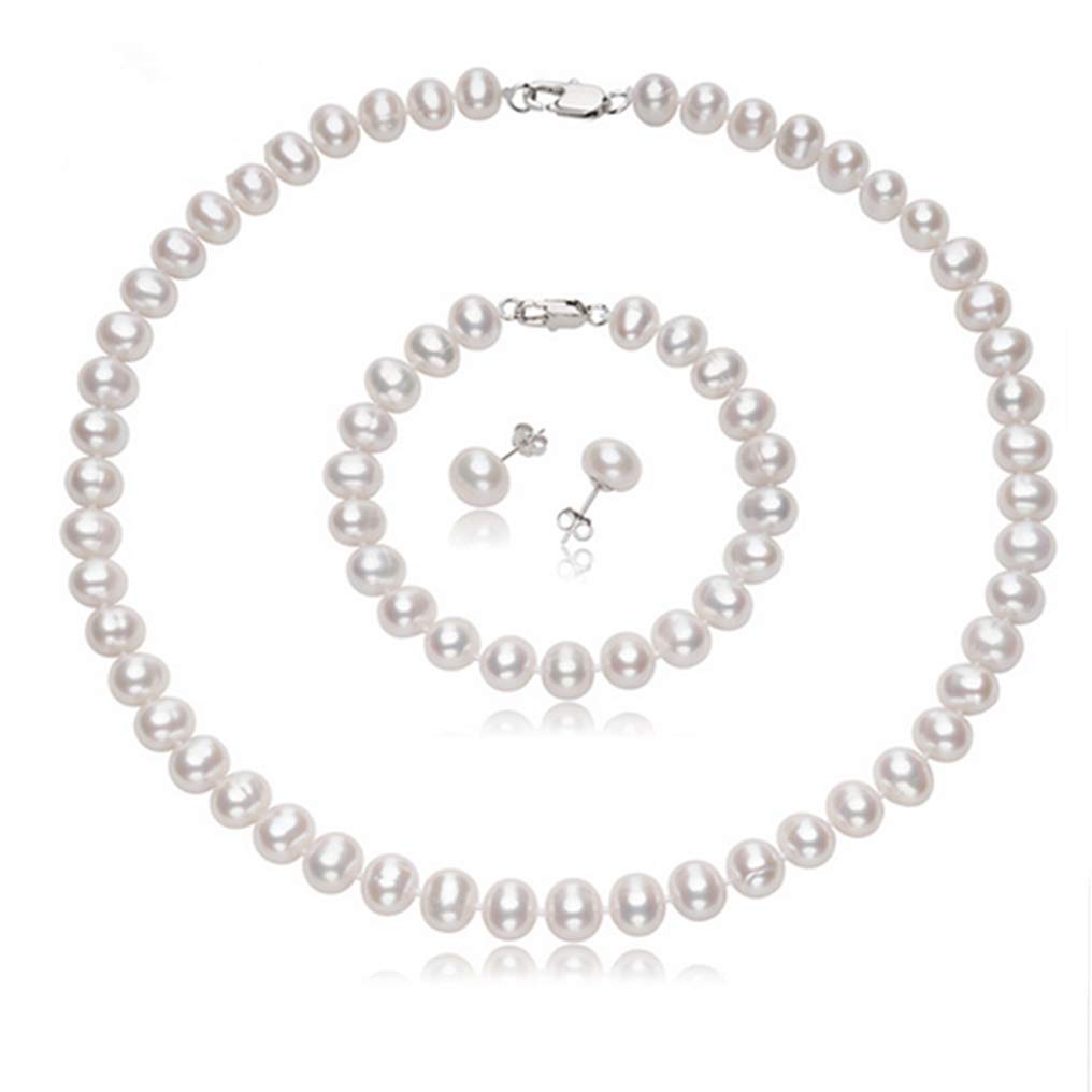 Women's Pearl necklace earrings Set | Elegant and Clasic 7mm Freshwater Pearl Jewellery Set for Women With Sterling Silver Clasp treasurebayb2b