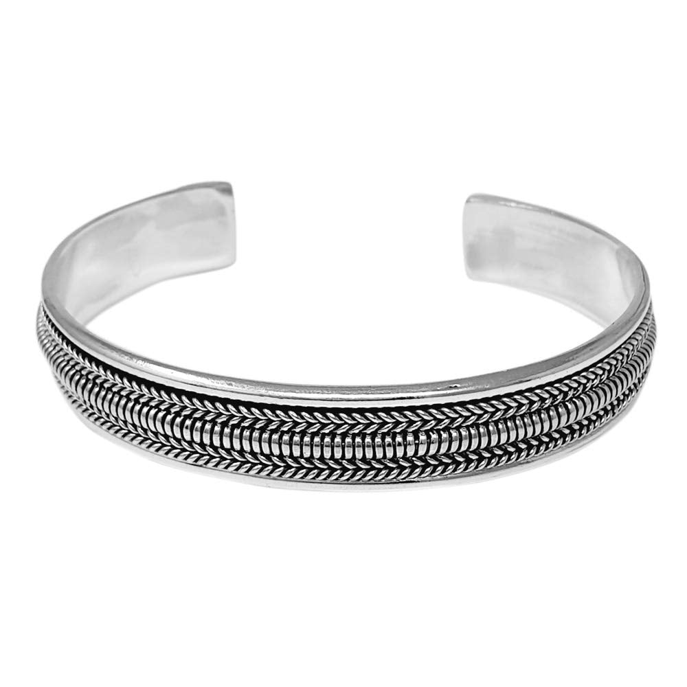 Mens Womens Silver Bangle Bracelet - Solid 925 Sterling Silver Braided Bangle for Men Adjustable size treasurebayb2b