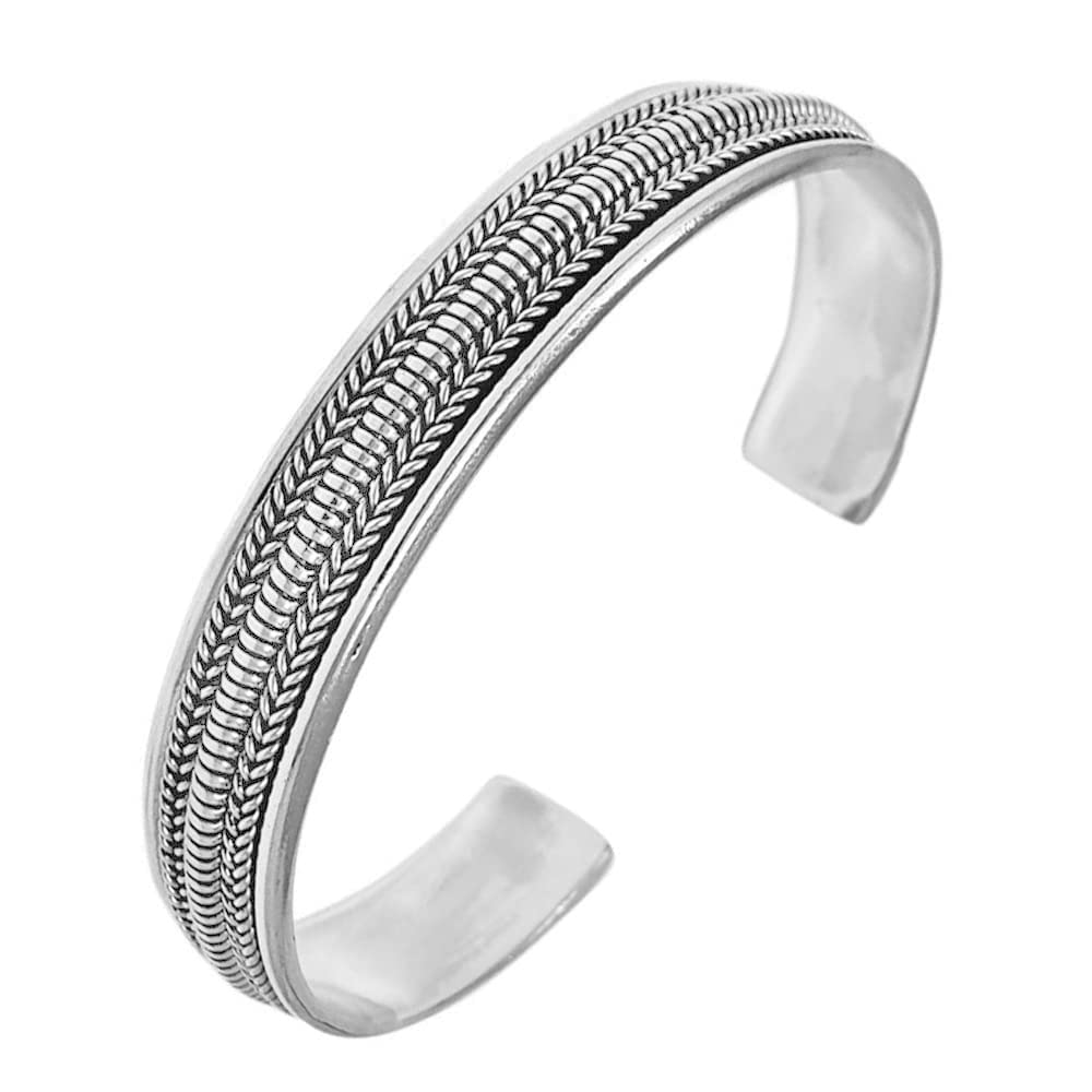 Mens Womens Silver Bangle Bracelet - Solid 925 Sterling Silver Braided Bangle for Men Adjustable size treasurebayb2b