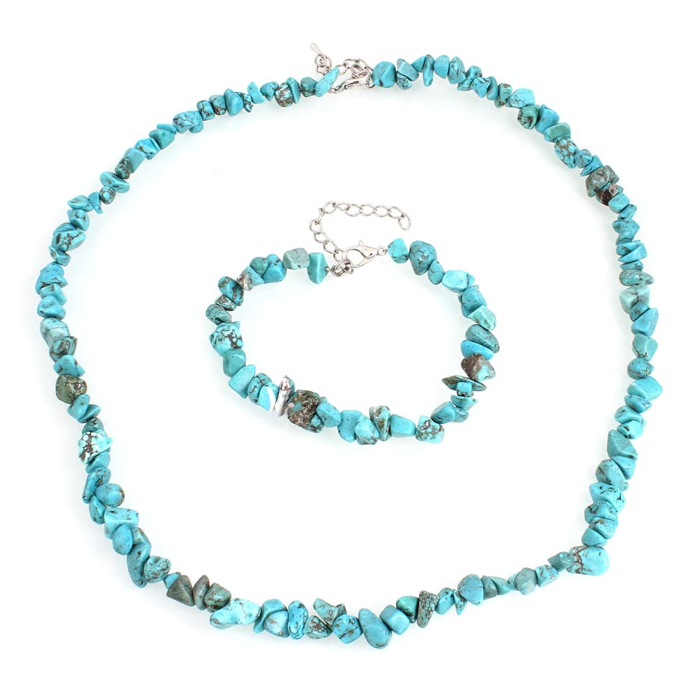 Beautiful Natural Blue Turquoise, Sapphire Jade Gemstone Chips Necklace and Bracelet Set for Women and Girls treasurebayb2b