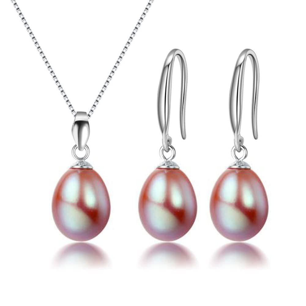 Women's Pearl Jewellery Set - 925 Silver AA Grade 8-9mm Pearl Necklace Dangle Drop Earrings for Women Ladies Girls Bridal Jewellery treasurebayb2b